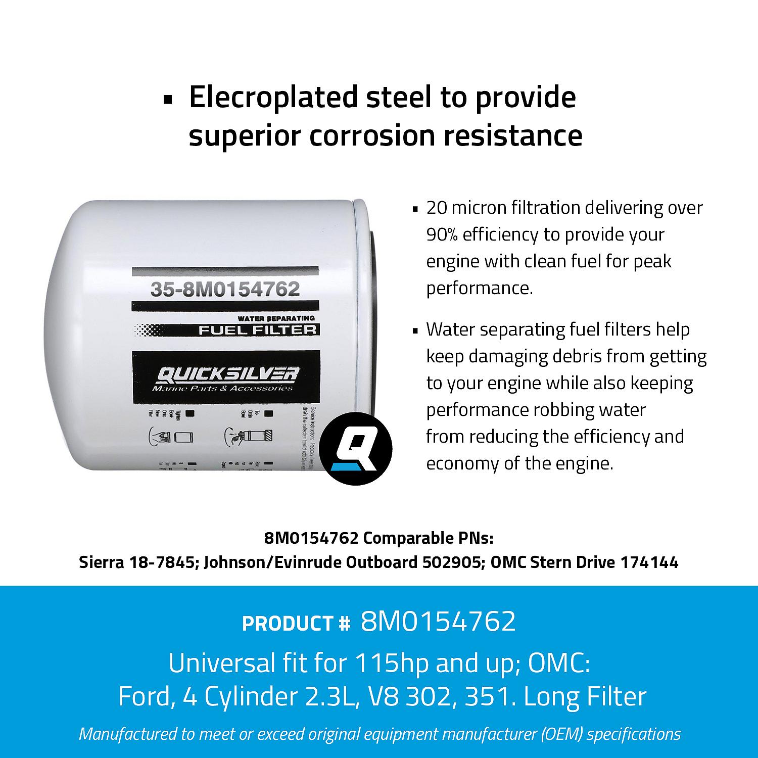 OEM Mercury / Quicksilver 8M0154762 Water Separating Fuel Filter for Various Marine Engines