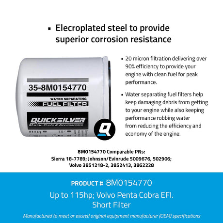 OEM Mercury / Quicksilver 8M0154770 Water Separating Fuel Filter for Select Volvo Penta, Cobra EFI, Johnson/Evinrude 100-300hp Outboards
