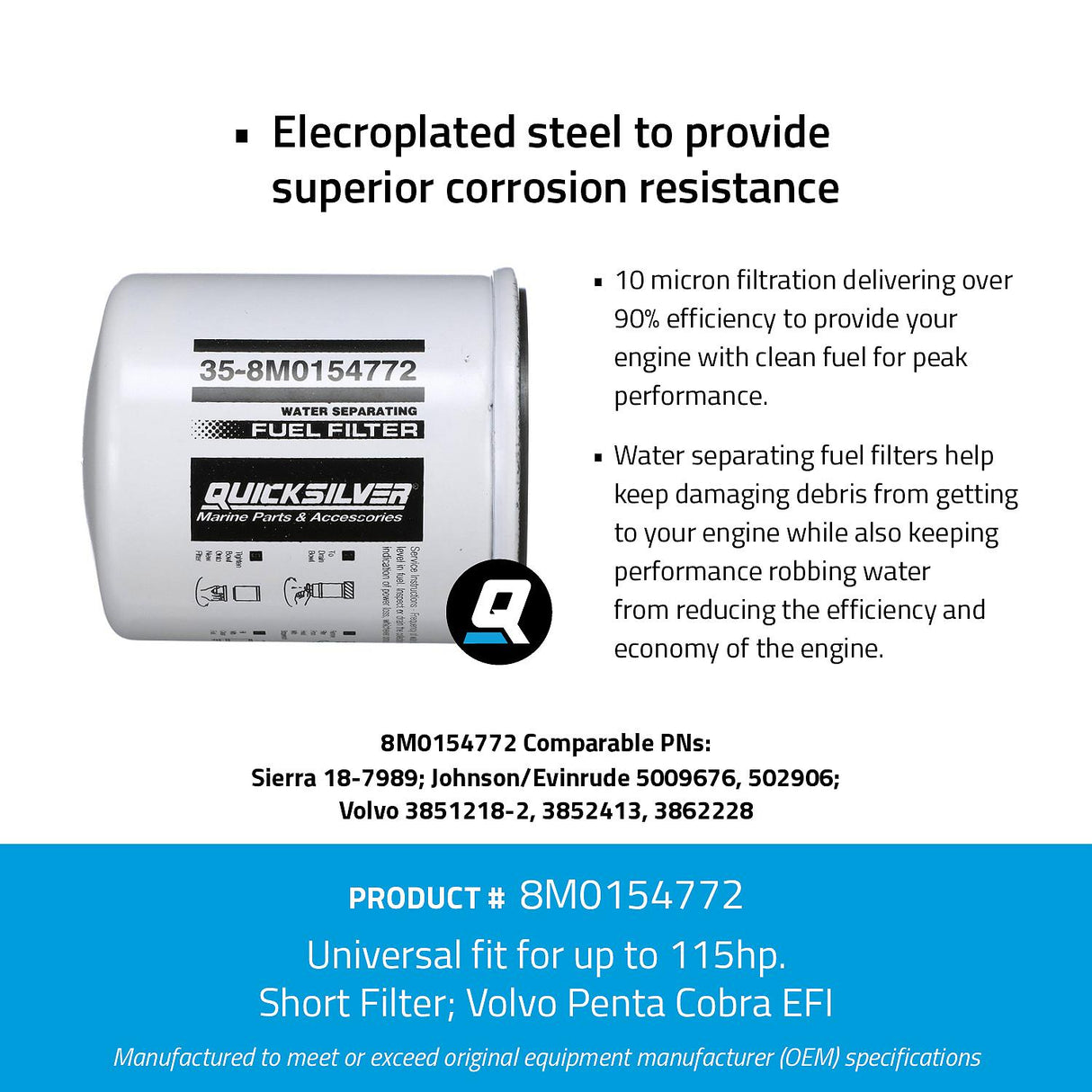 OEM Mercury / Quicksilver 8M0154772 Water Separating Fuel Filter for Select Johnson and Evinrude Outboards