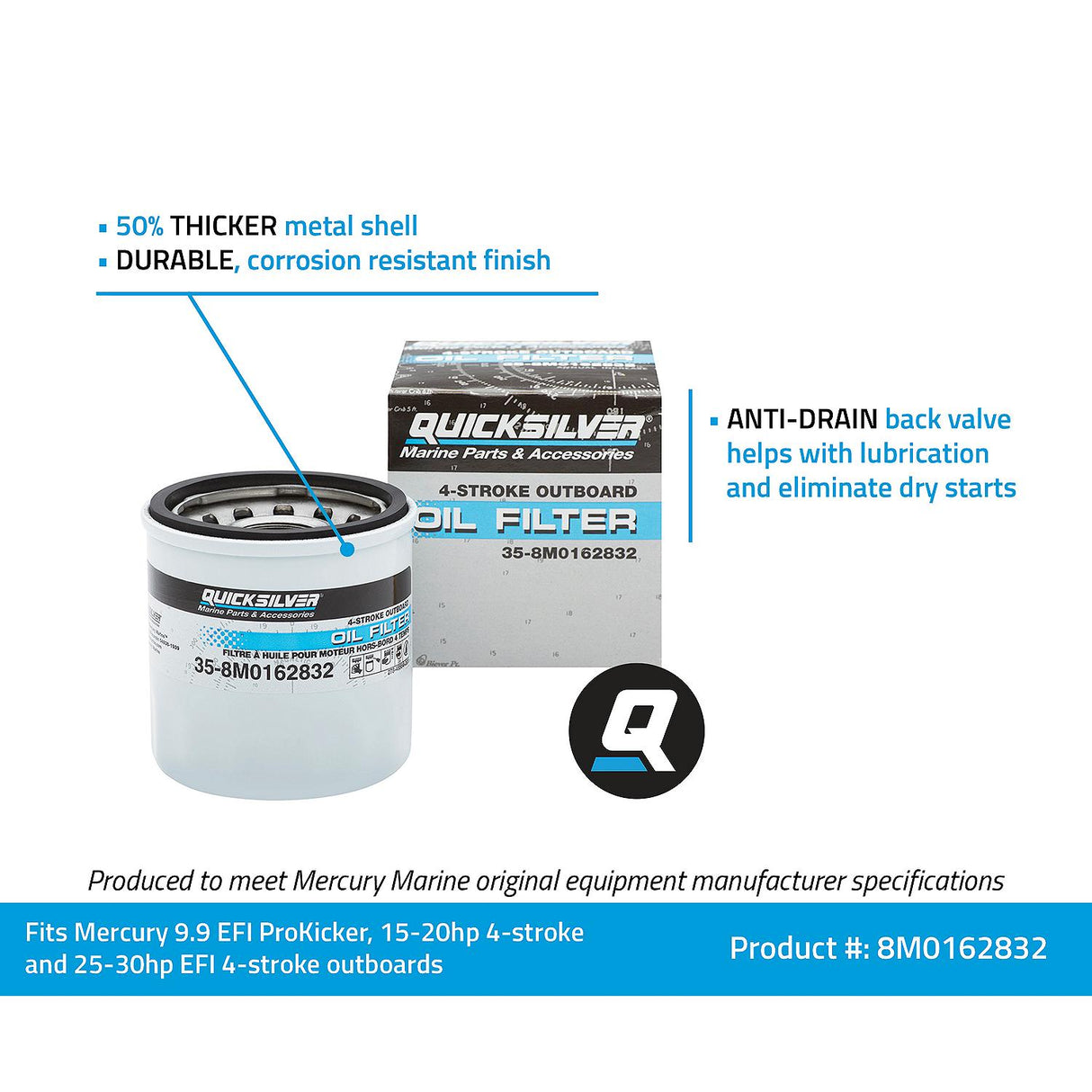 OEM Mercury / Quicksilver 8M0162832 Oil Filter for Select Mercury 9.9-30hp Outboards