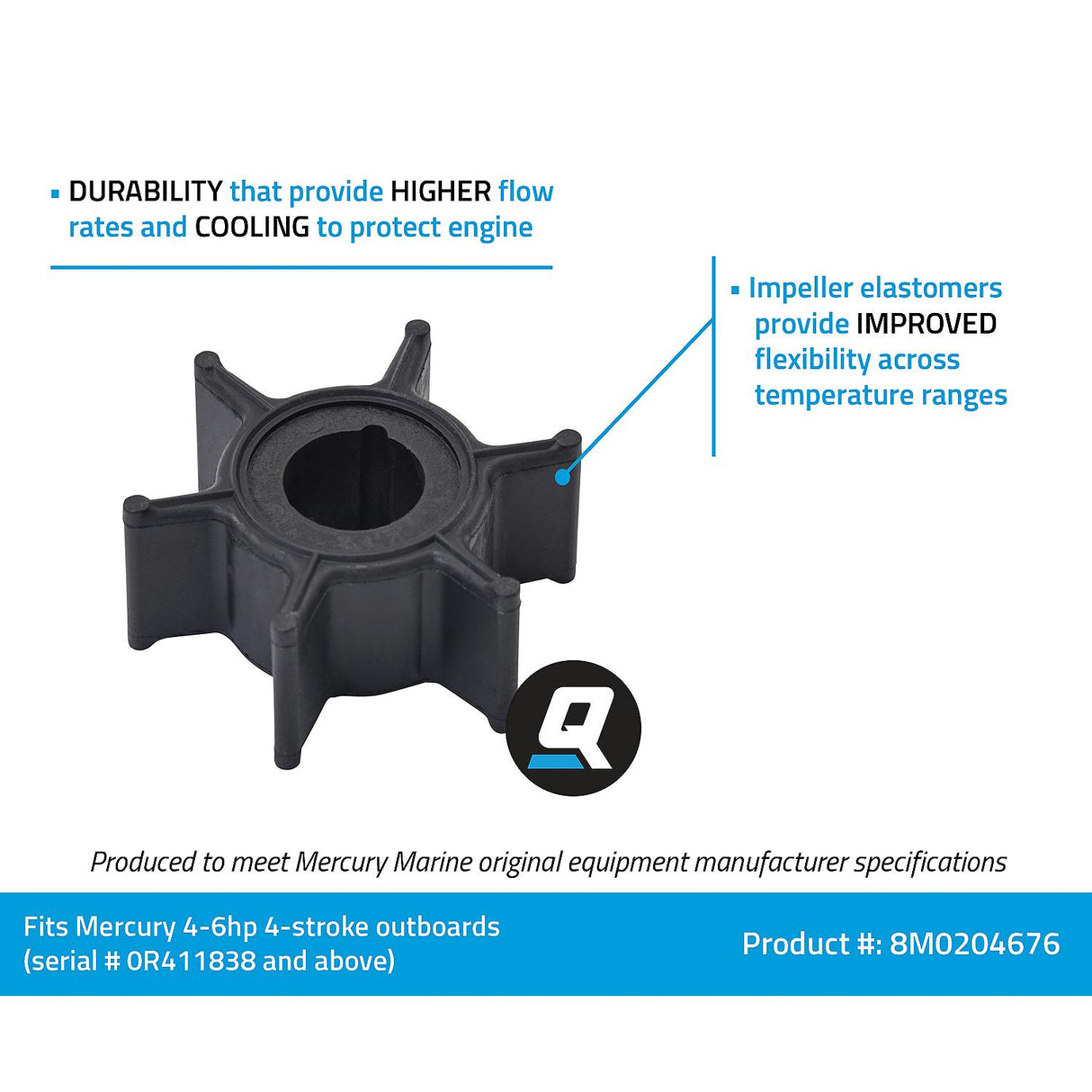 OEM Mercury / Quicksilver 8M0204676 Water Pump Impeller for Mercury 4-6hp 4-Stroke Outboards