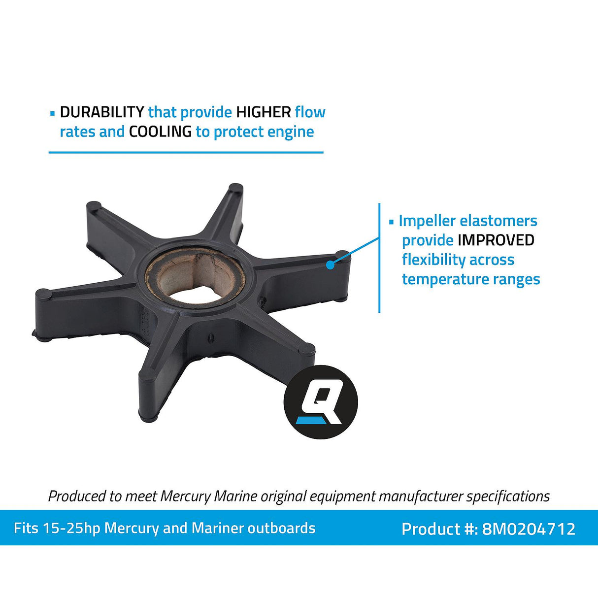 OEM Mercury / Quicksilver 8M0204712 Water Pump Impeller for Mercury and Mariner 15-25hp Outboards