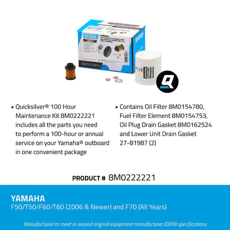 OEM Mercury / Quicksilver 8M0222221 100 Hour Maintenance Kit, Yamaha F50/T50/F60/T60 and F70