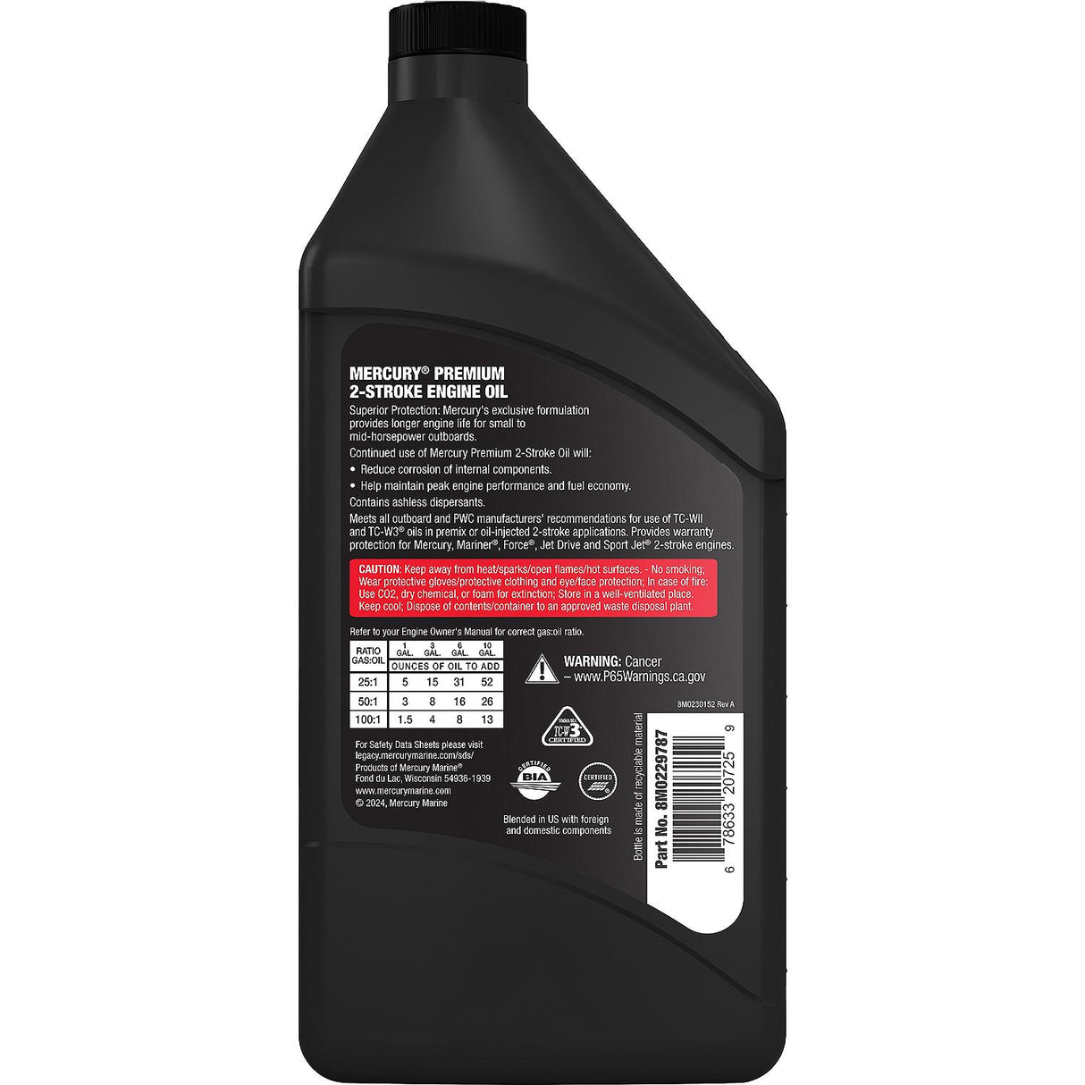 Mercury 8M0229787 Premium TC-W3 2-Stroke Engine Oil for Outboards, PWC, Snowmobiles and Motorcycles - 1 Quart Bottle