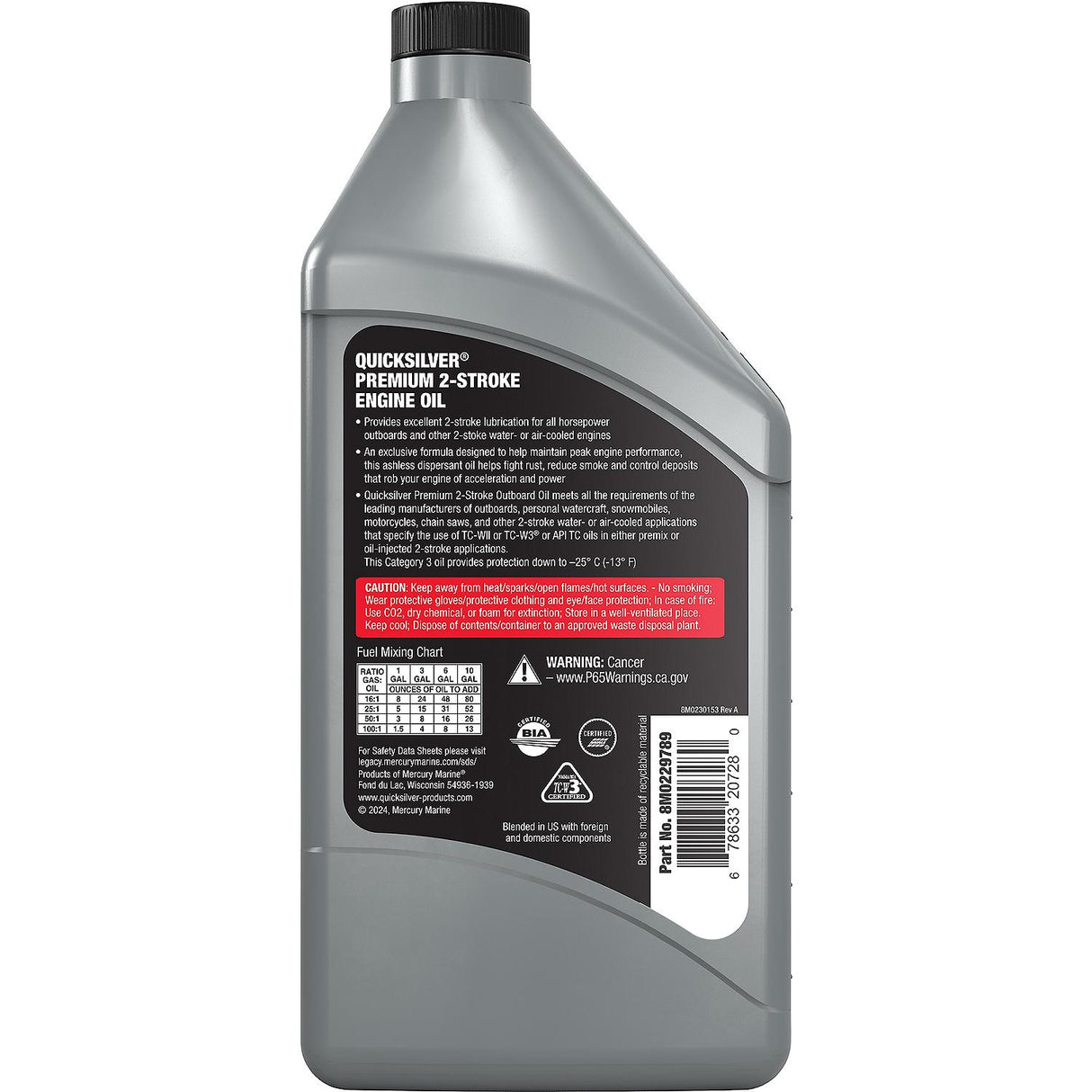 OEM Mercury / Quicksilver 8M0229789 Premium 2-Cycle TC-W3 Oil, Outboards, PWC, Snowmobiles, Motorcycles and Chainsaws, 1 Qt. 8M0229789
