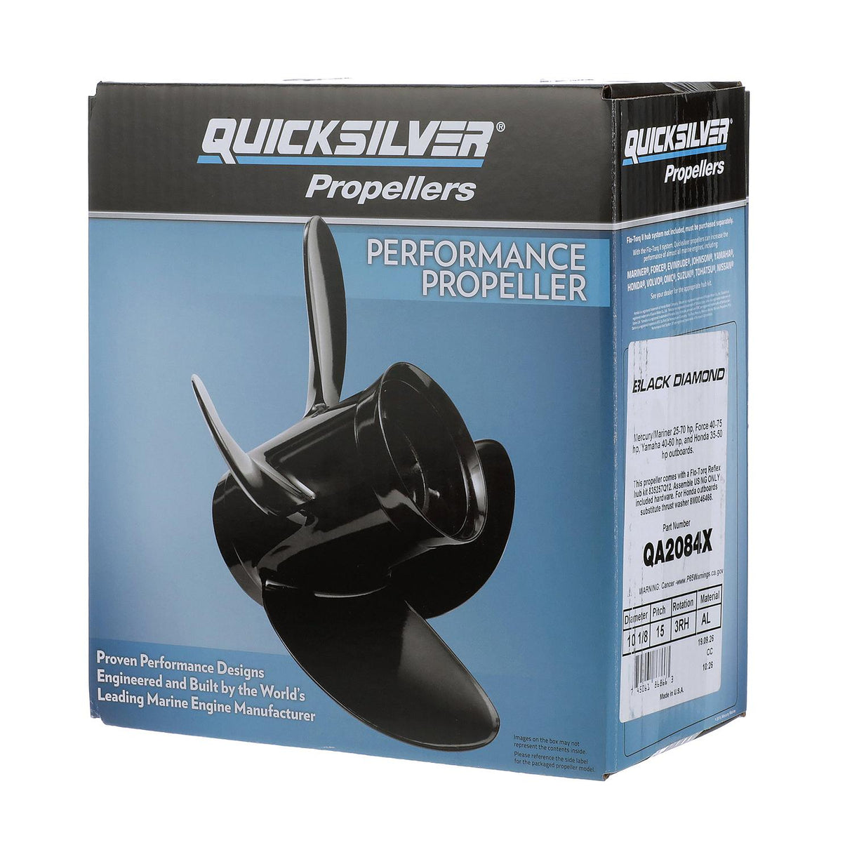 OEM Mercury / Quicksilver Black Diamond 3-Blade Aluminum Propeller, 10.2" Diameter x 15" Pitch, Right Hand Rotation