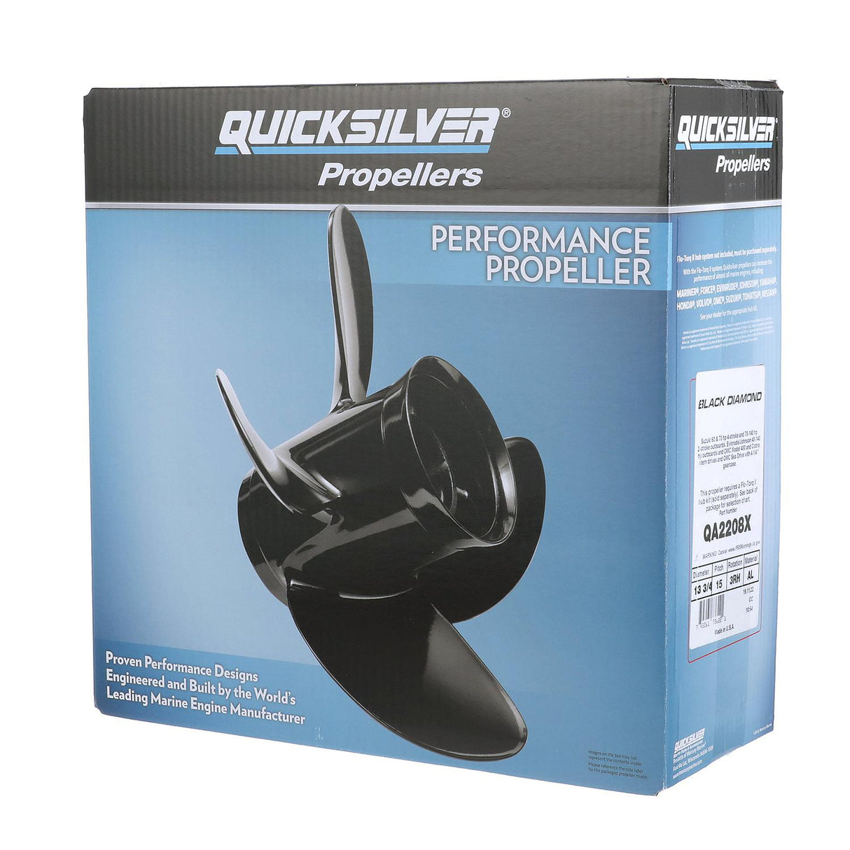 OEM Mercury / Quicksilver QA2208X Black Diamond 3-Blade Aluminum Propeller, 13.75" Diameter x 15" Pitch, Right Hand Rotation, 85hp-140hp Evinrude/Johnson V4, Black Finish