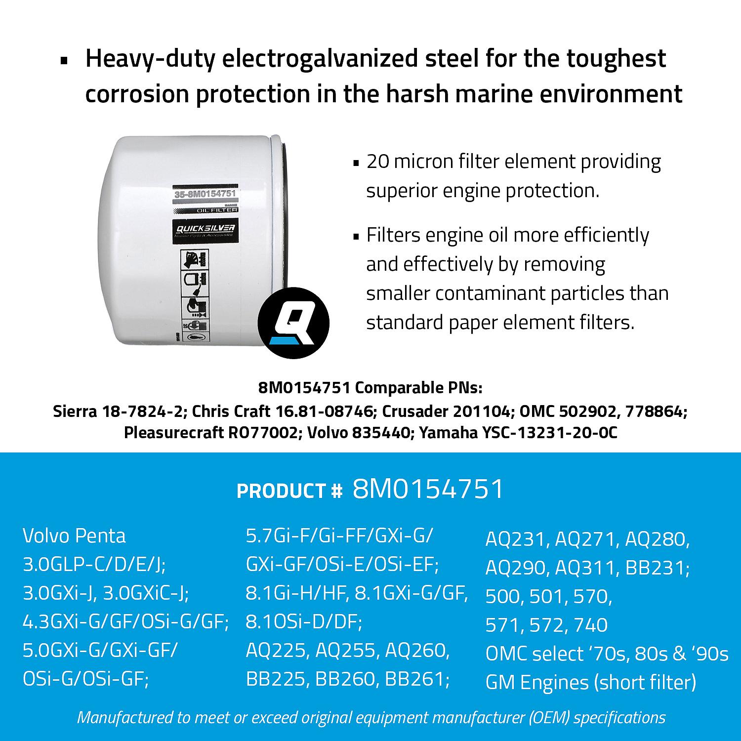 OEM Mercury / Quicksilver 8M0154751 Oil Filter for Various Marine Engines