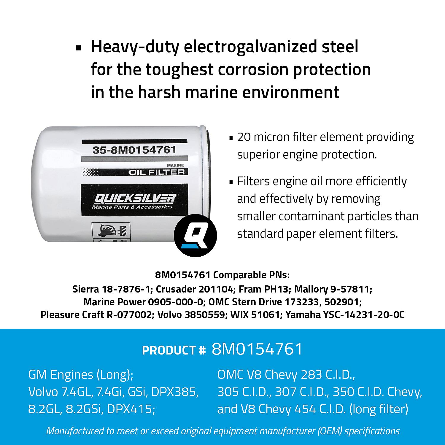 OEM Mercury / Quicksilver 8M0154761 Oil Filter for Various Marine Engines