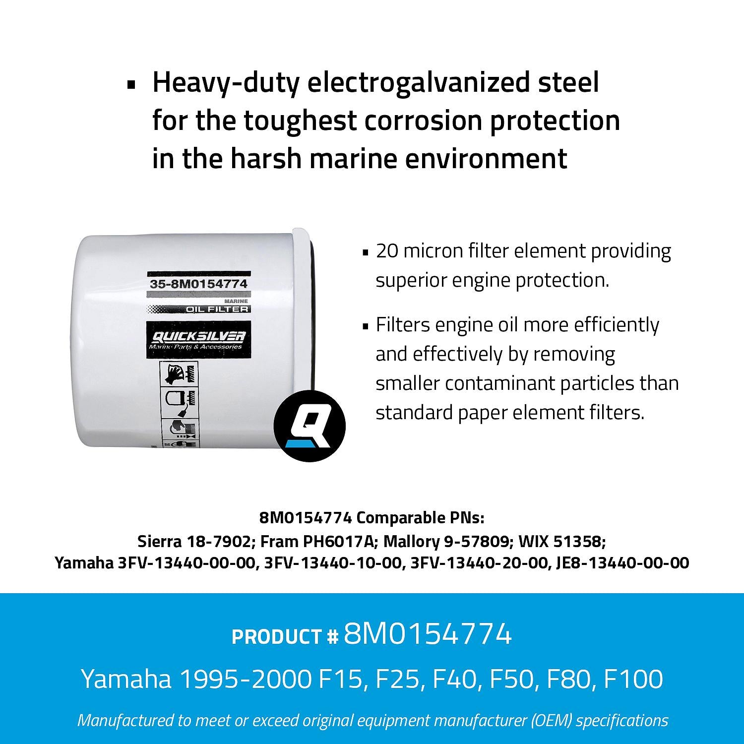 OEM Mercury / Quicksilver 8M0154774 Oil Filter for Various Marine Engines