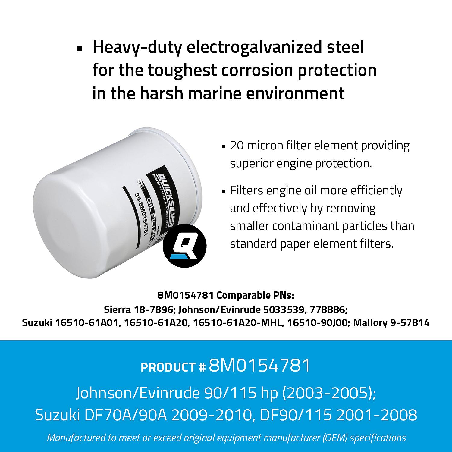 OEM Mercury / Quicksilver 8M0154781 Oil Filter for Select Johnson/Evinrude 90/115hp and Select Suzuki 70-115hp