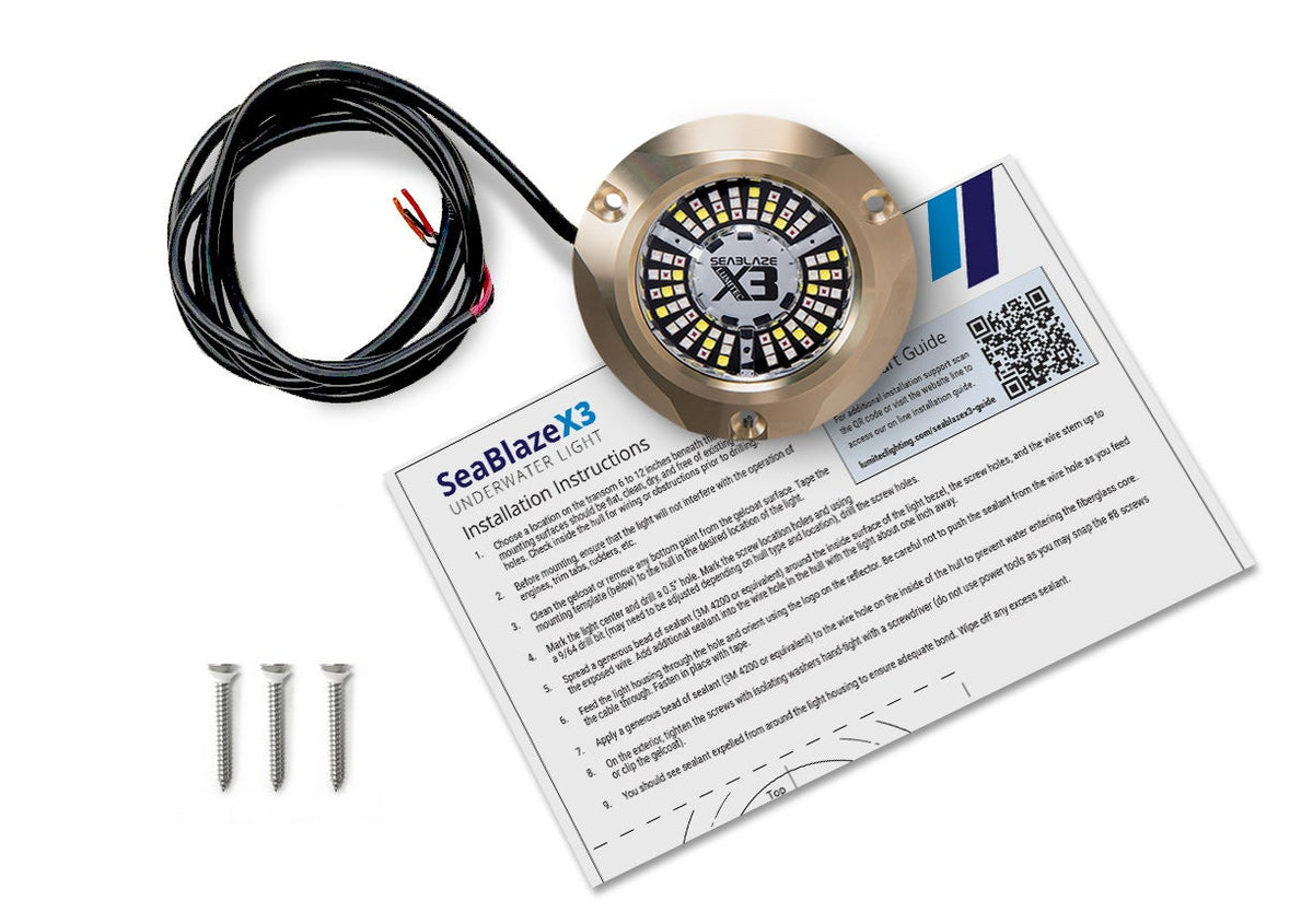 Lumitec SeaBlaze X3 package contents: one light, attached cable, three mounting screws and instructions