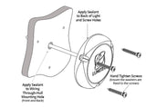Lumitec X3 installation illustration showing sealing points and mounting screws; follow the complete installation guide