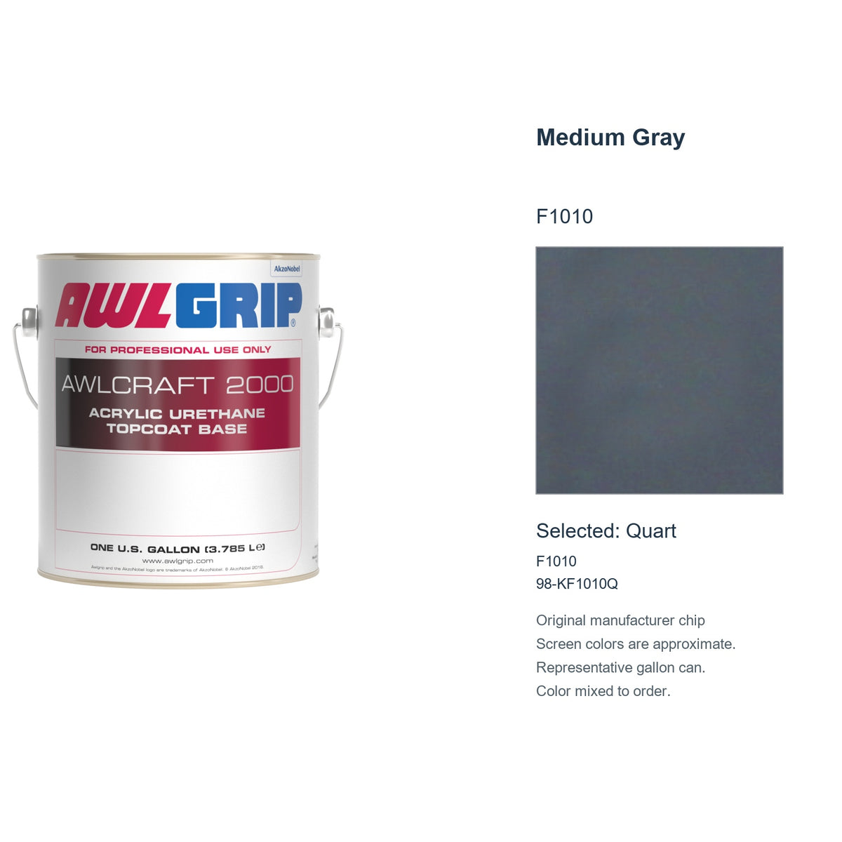 Awlgrip Awlcraft 2000 Medium Gray F1010, selected Quart, F1010: original manufacturer chip with representative gallon can