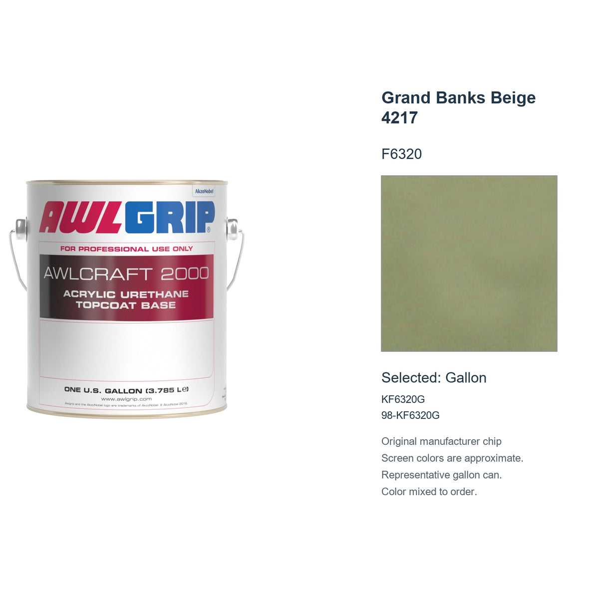 Awlgrip Awlcraft 2000 Grand Banks Beige 4217 F6320, selected Gallon, KF6320G: original manufacturer chip with representative gallon can