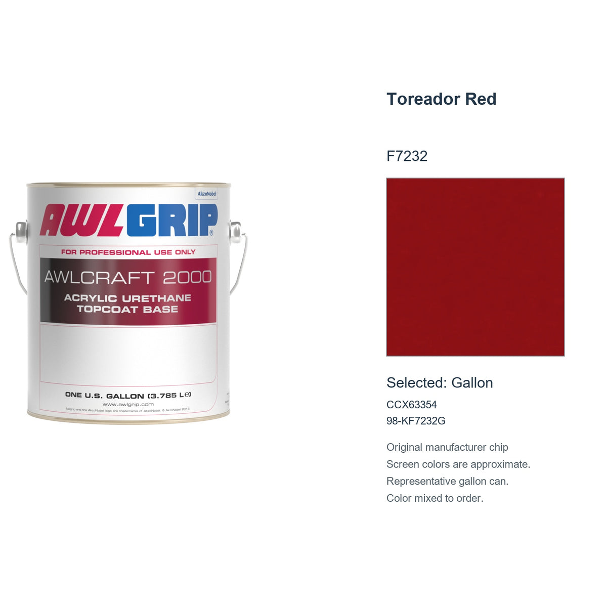 Awlgrip Awlcraft 2000 Toreador Red F7232, selected Gallon, CCX63354: original manufacturer chip with representative gallon can
