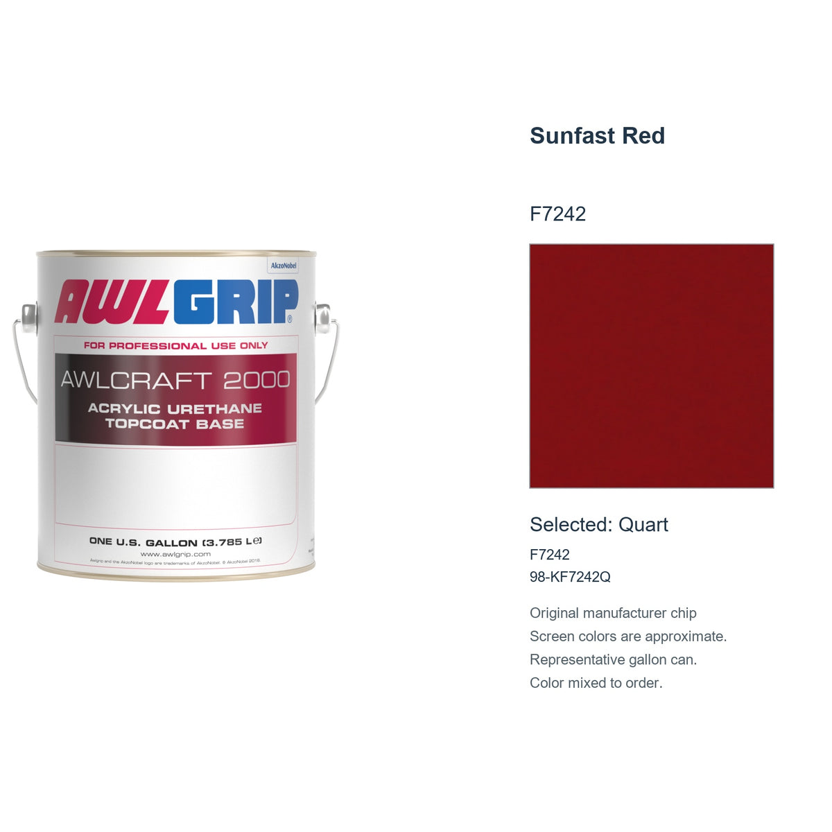 Awlgrip Awlcraft 2000 Sunfast Red F7242, selected Quart, F7242: original manufacturer chip with representative gallon can