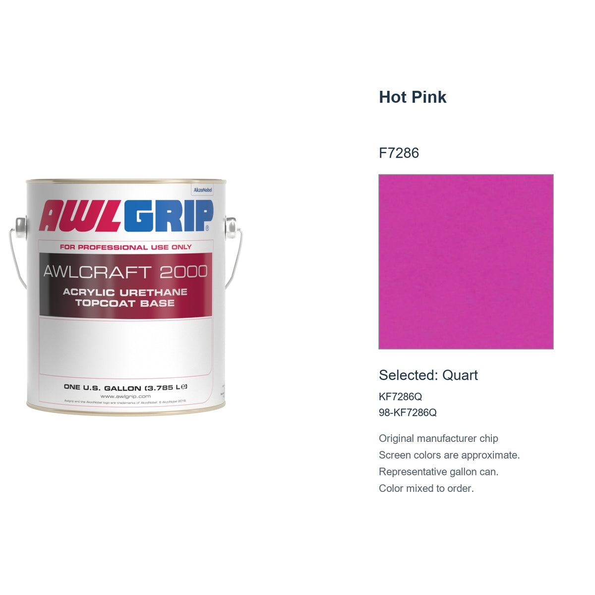Awlgrip Awlcraft 2000 Hot Pink F7286, selected Quart, KF7286Q: original manufacturer chip with representative gallon can