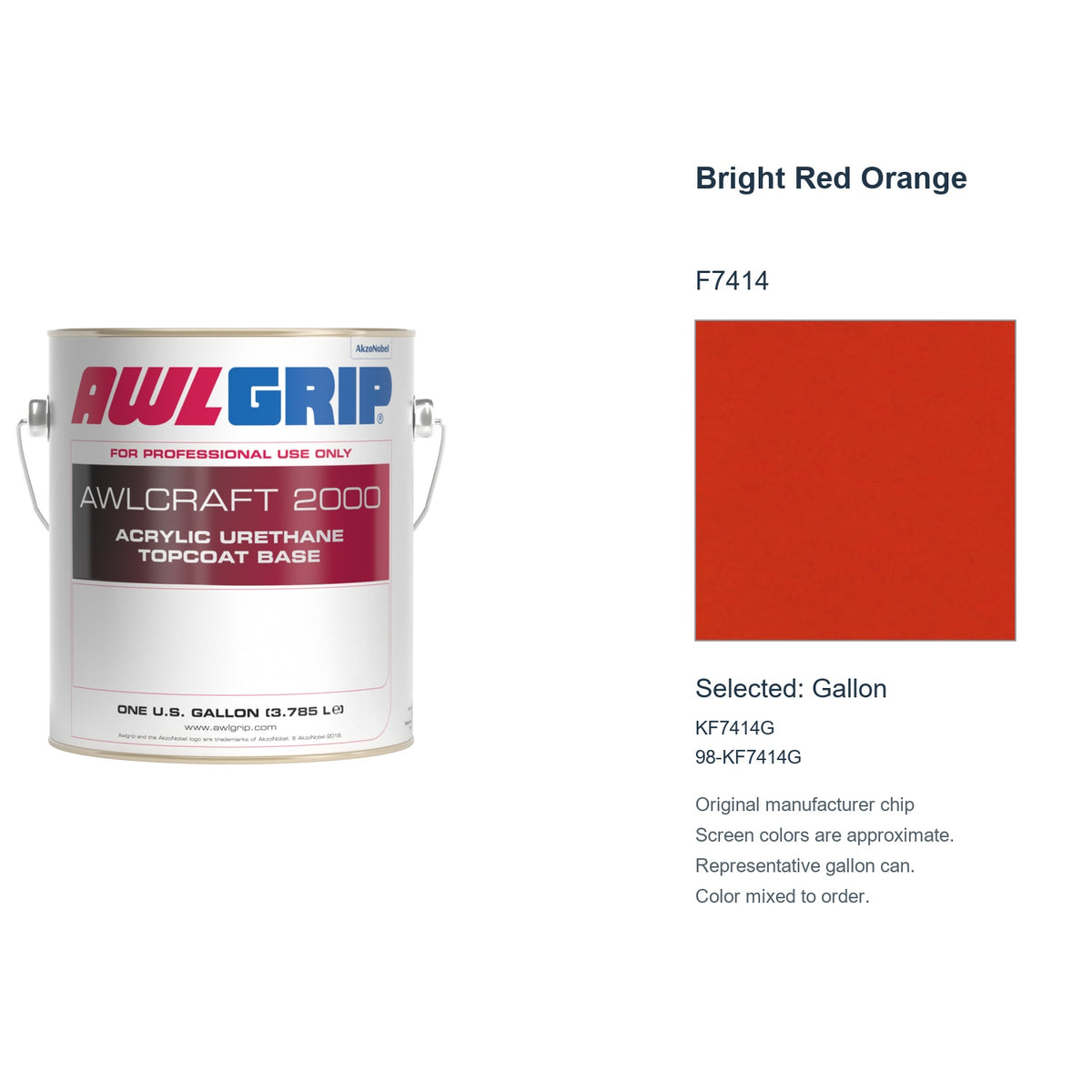 Awlgrip Awlcraft 2000 Bright Red Orange F7414, selected Gallon, KF7414G: original manufacturer chip with representative gallon can
