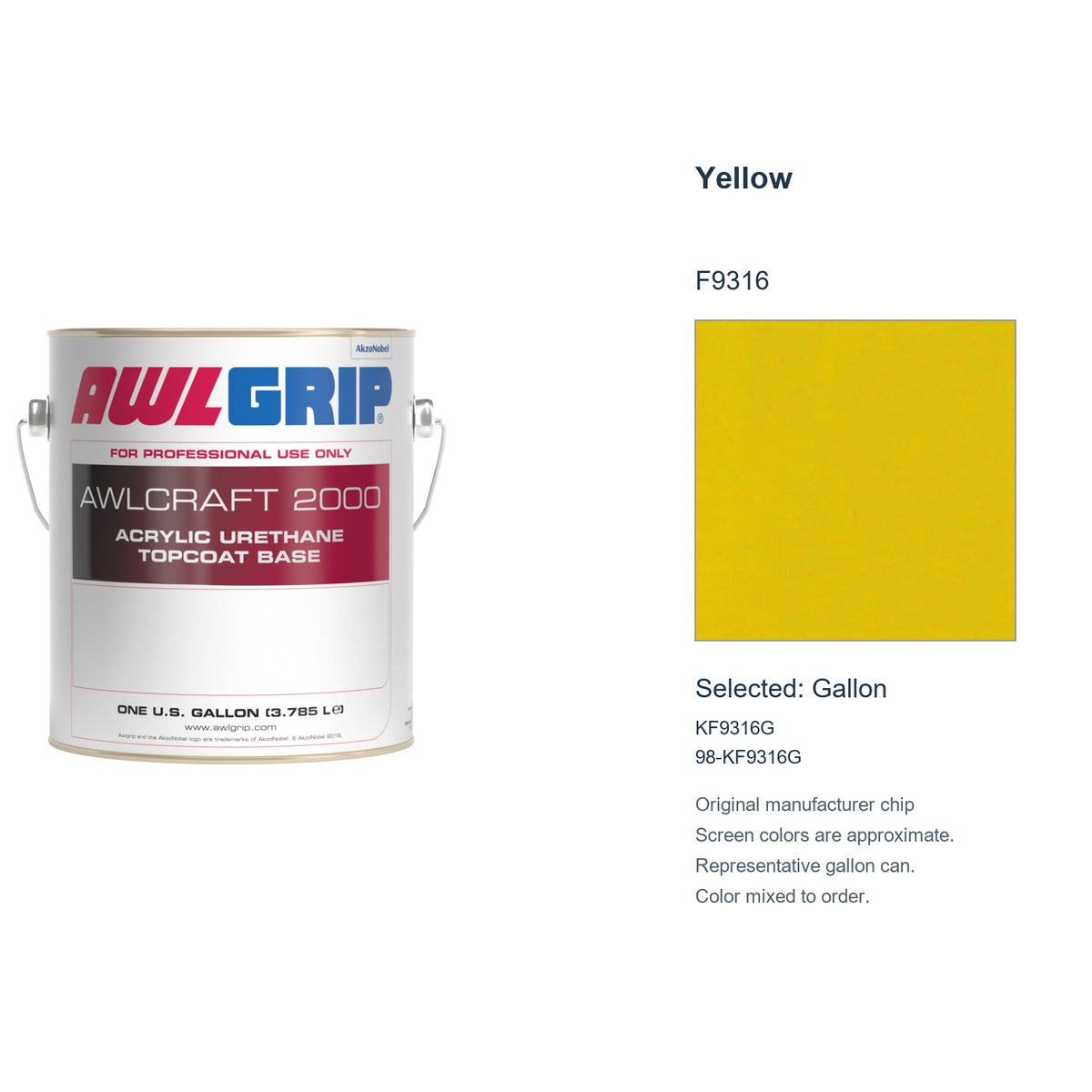 Awlgrip Awlcraft 2000 Yellow F9316, selected Gallon, KF9316G: original manufacturer chip with representative gallon can