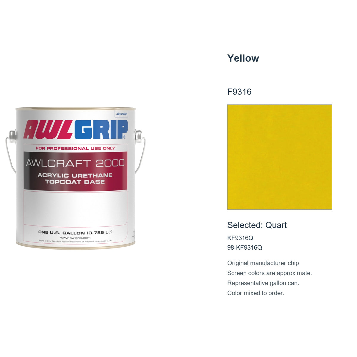 Awlgrip Awlcraft 2000 Yellow F9316, selected Quart, KF9316Q: original manufacturer chip with representative gallon can