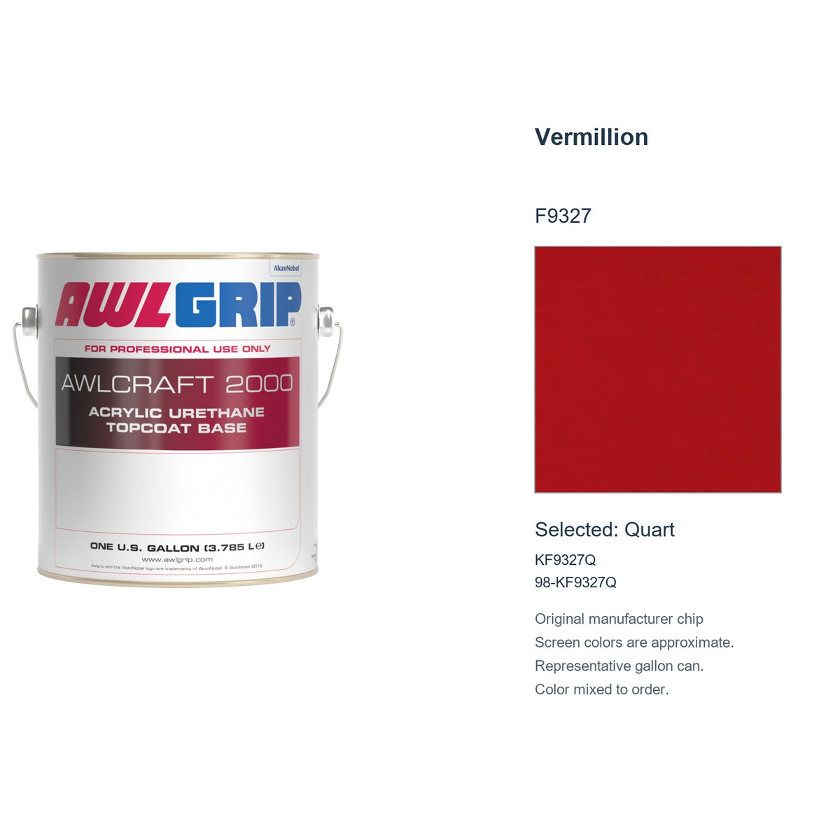 Awlgrip Awlcraft 2000 Vermillion F9327, selected Quart, KF9327Q: original manufacturer chip with representative gallon can