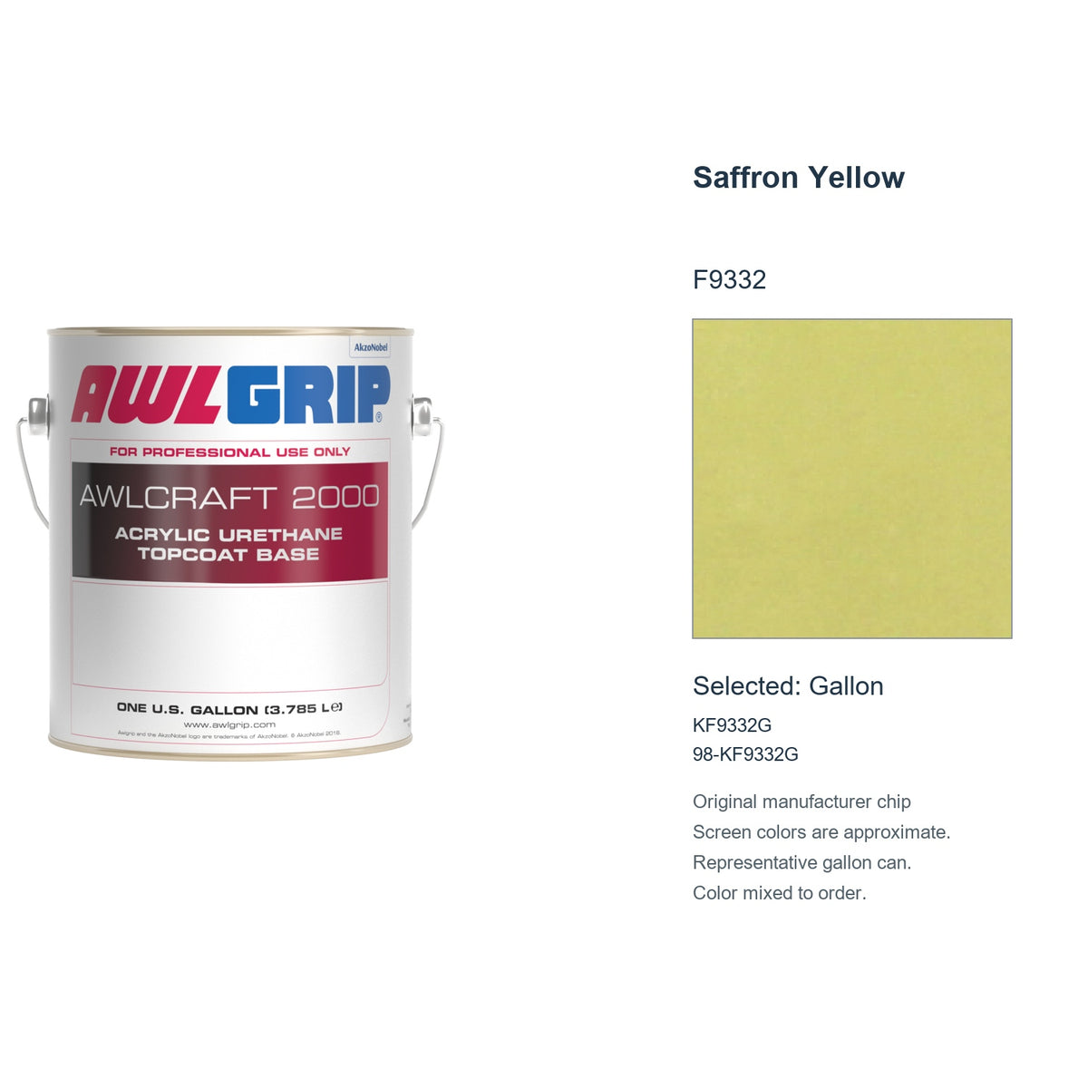 Awlgrip Awlcraft 2000 Saffron Yellow F9332, selected Gallon, KF9332G: original manufacturer chip with representative gallon can