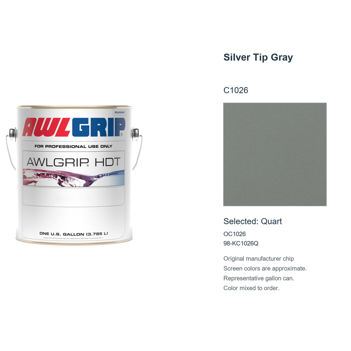 Awlgrip HDT Silver Tip Gray C1026, selected Quart, OC1026: original manufacturer chip with representative gallon can
