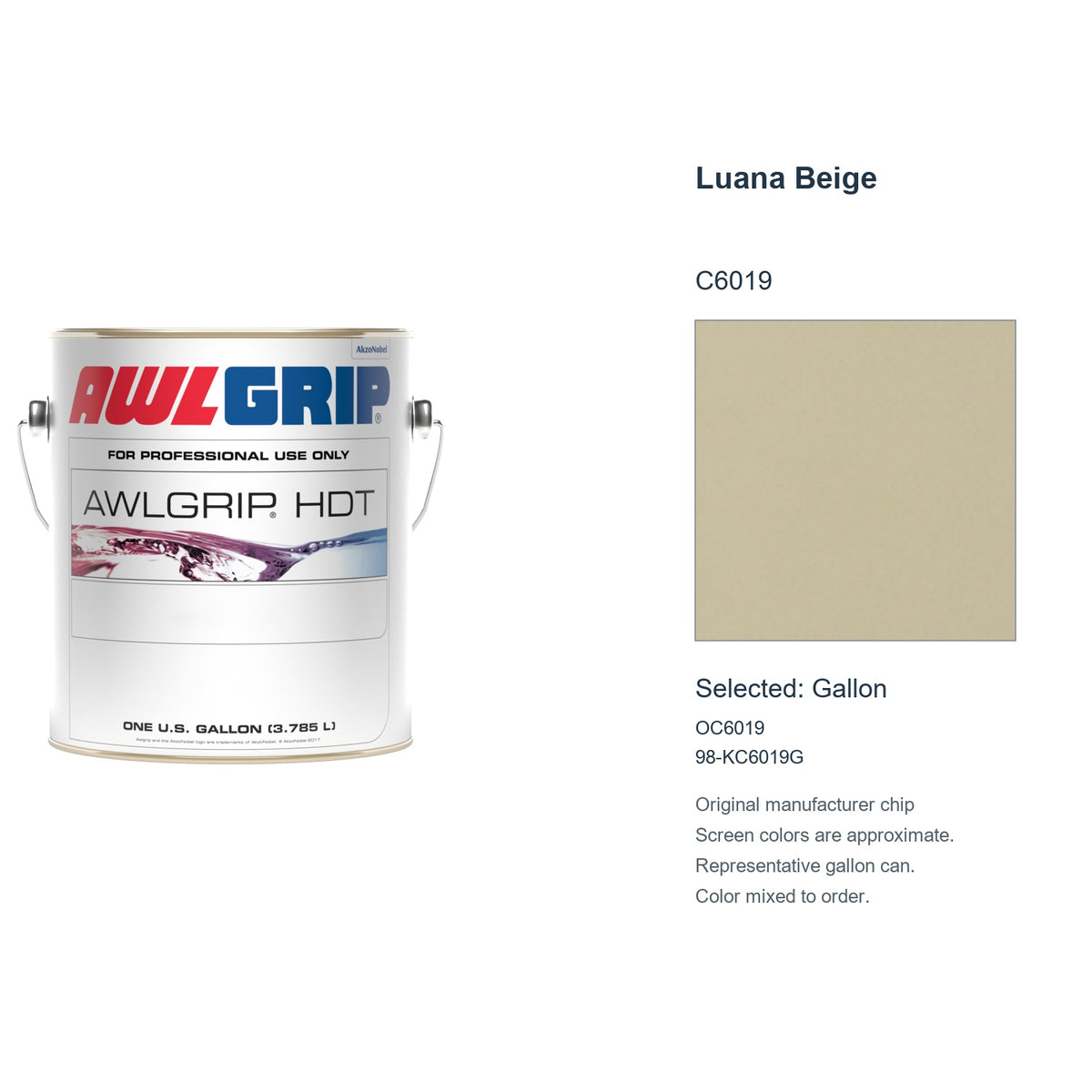 Awlgrip HDT Luana Beige C6019, selected Gallon, OC6019: original manufacturer chip with representative gallon can