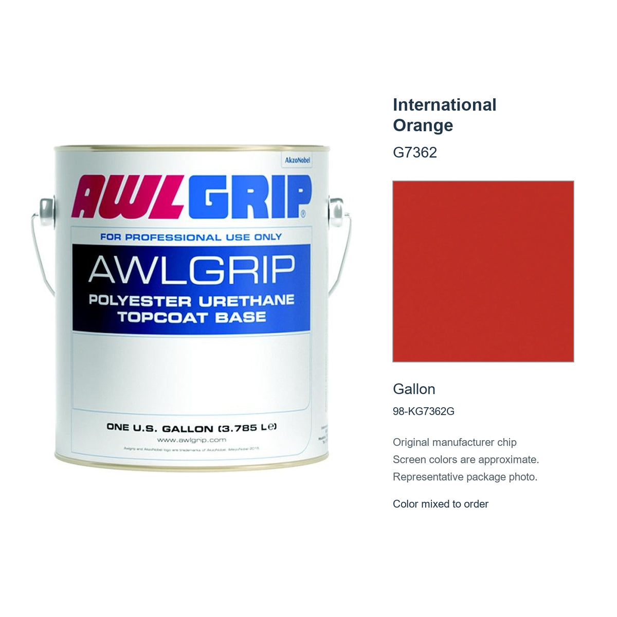 Awlgrip International Orange G7362, Gallon, 98-KG7362G: representative original can with exact manufacturer color card sample