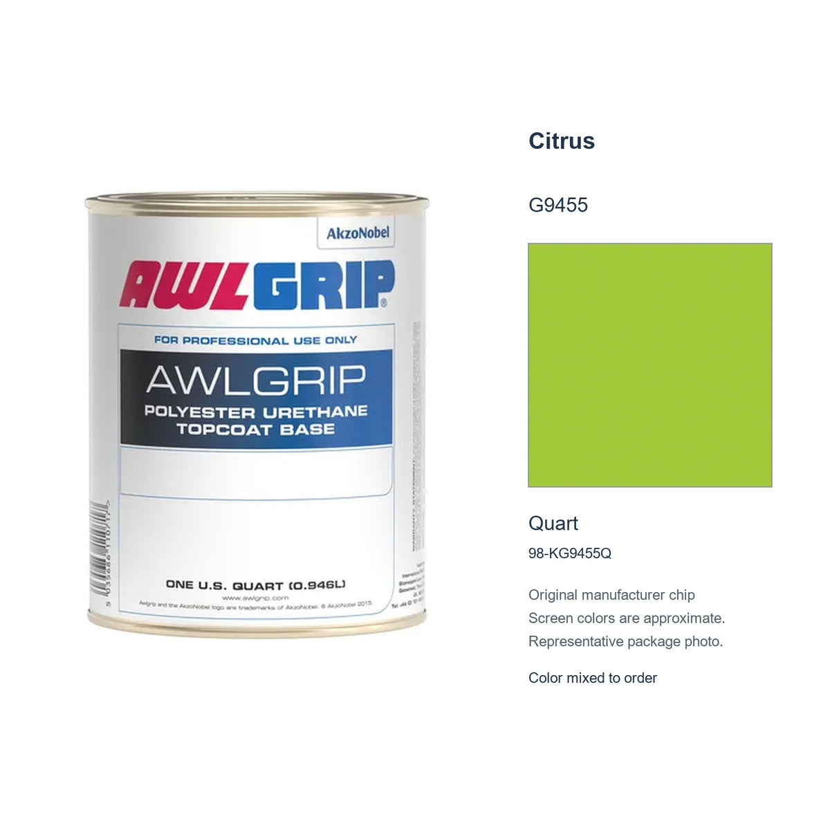 Awlgrip Citrus G9455, Quart, 98-KG9455Q: representative original can with exact manufacturer color card sample
