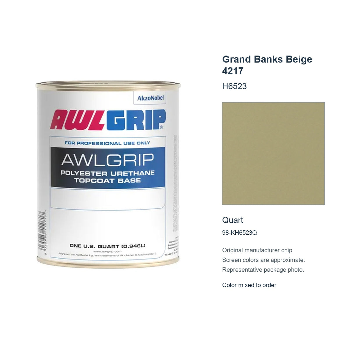 Awlgrip Grand Banks Beige 4217 H6523, Quart, 98-KH6523Q: representative original can with exact manufacturer color card sample
