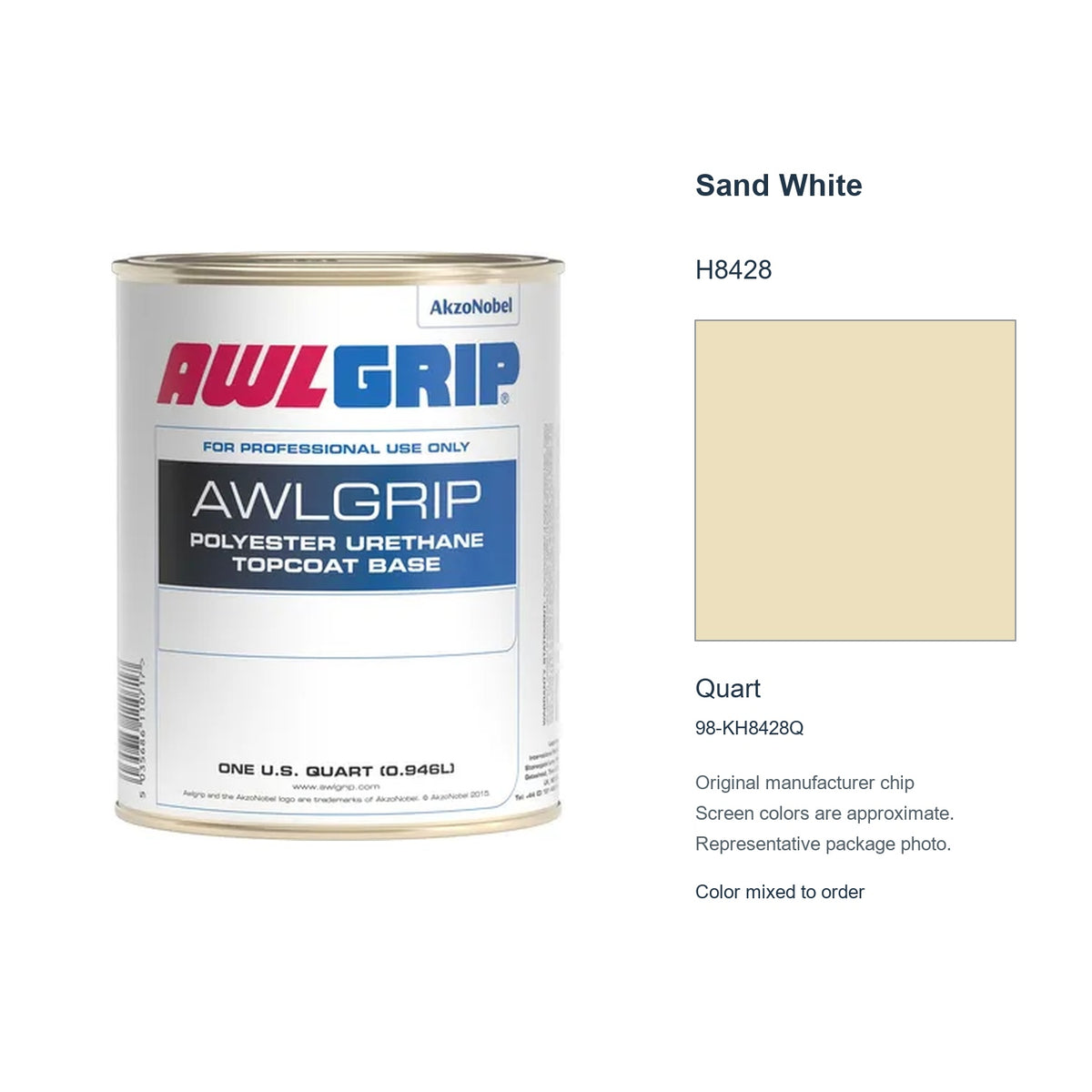 Awlgrip Sand White H8428, Quart, 98-KH8428Q: representative original can with exact manufacturer color card sample