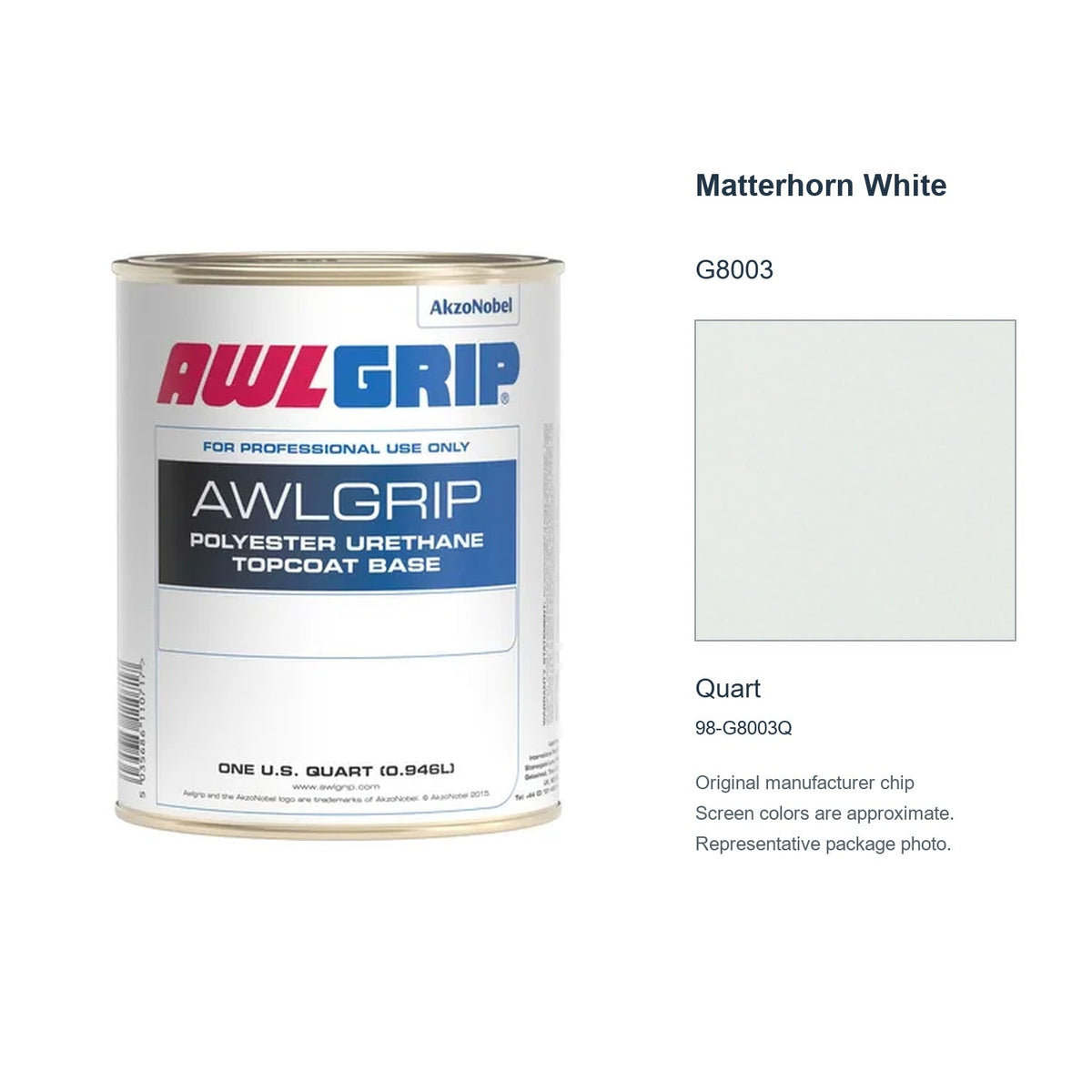 Awlgrip Matterhorn White G8003, Quart, 98-G8003Q: representative original can with exact manufacturer color card sample