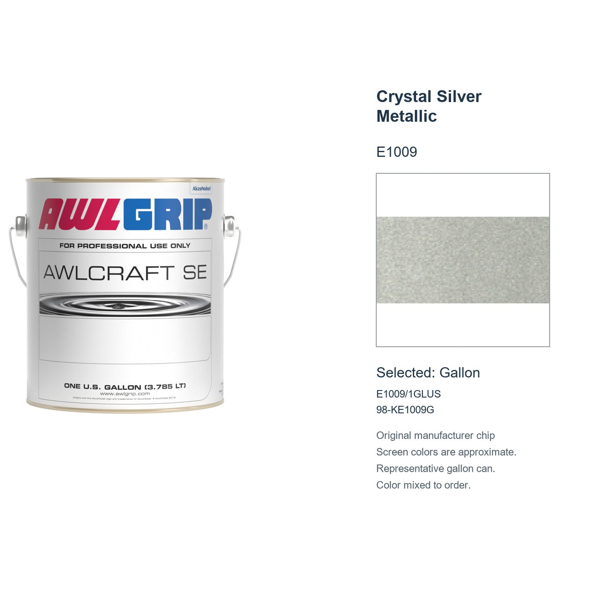 Awlgrip Awlcraft SE Crystal Silver Metallic E1009, selected Gallon, E1009/1GLUS: original manufacturer chip with representative gallon can