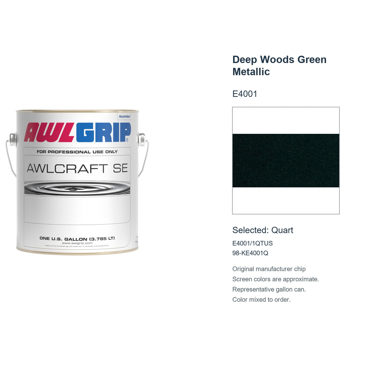 Awlgrip Awlcraft SE Deep Woods Green Metallic E4001, selected Quart, E4001/1QTUS: original manufacturer chip with representative gallon can