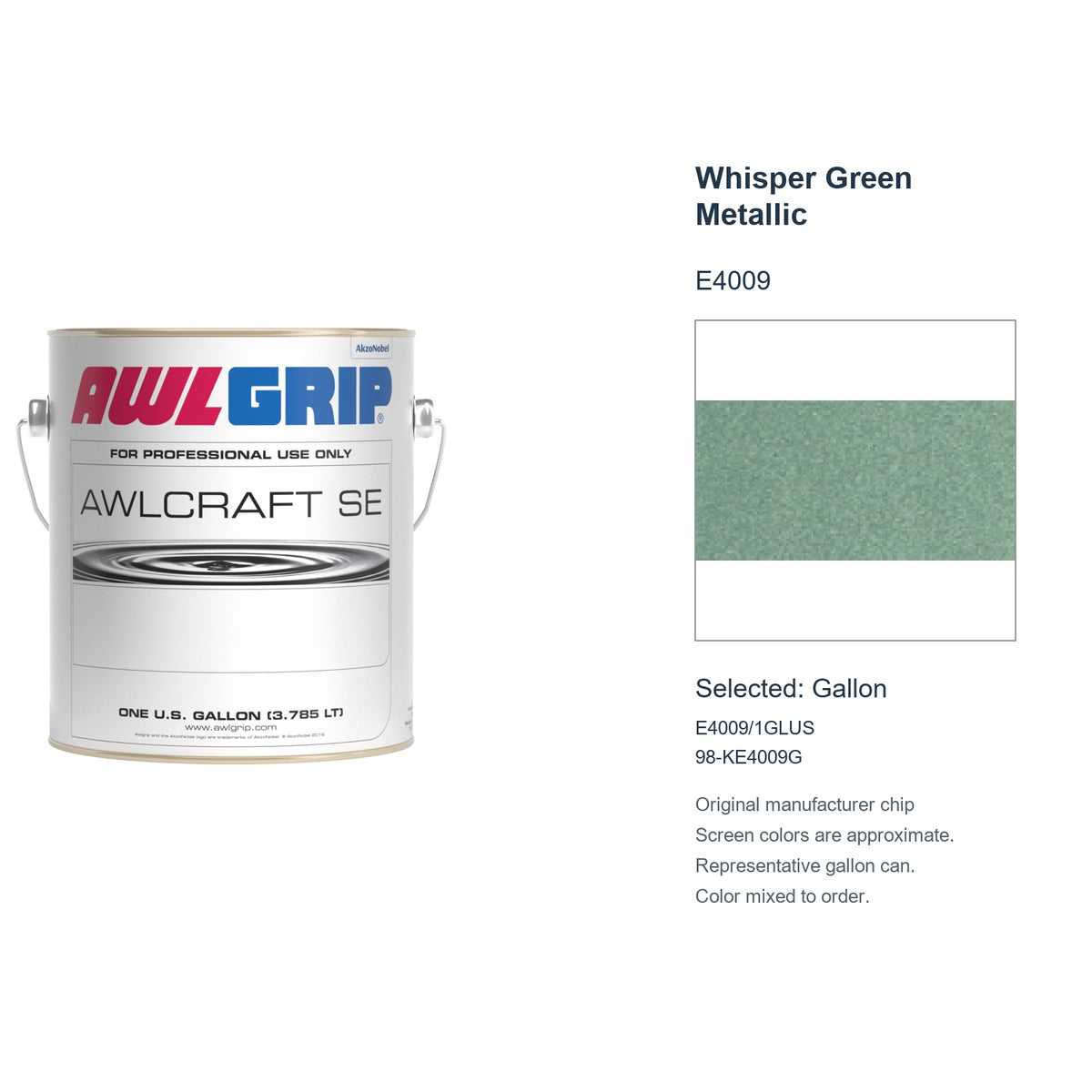 Awlgrip Awlcraft SE Whisper Green Metallic E4009, selected Gallon, E4009/1GLUS: original manufacturer chip with representative gallon can