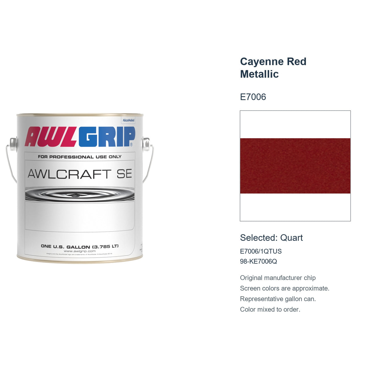 Awlgrip Awlcraft SE Cayenne Red Metallic E7006, selected Quart, E7006/1QTUS: original manufacturer chip with representative gallon can