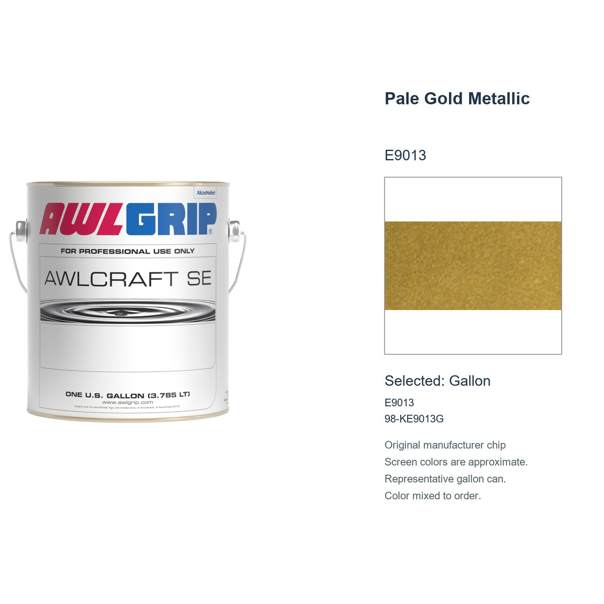 Awlgrip Awlcraft SE Pale Gold Metallic E9013, selected Gallon, E9013: original manufacturer chip with representative gallon can