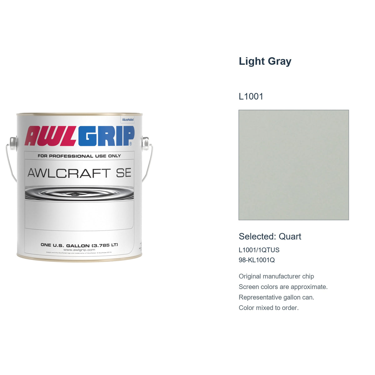 Awlgrip Awlcraft SE Light Gray L1001, selected Quart, L1001/1QTUS: original manufacturer chip with representative gallon can