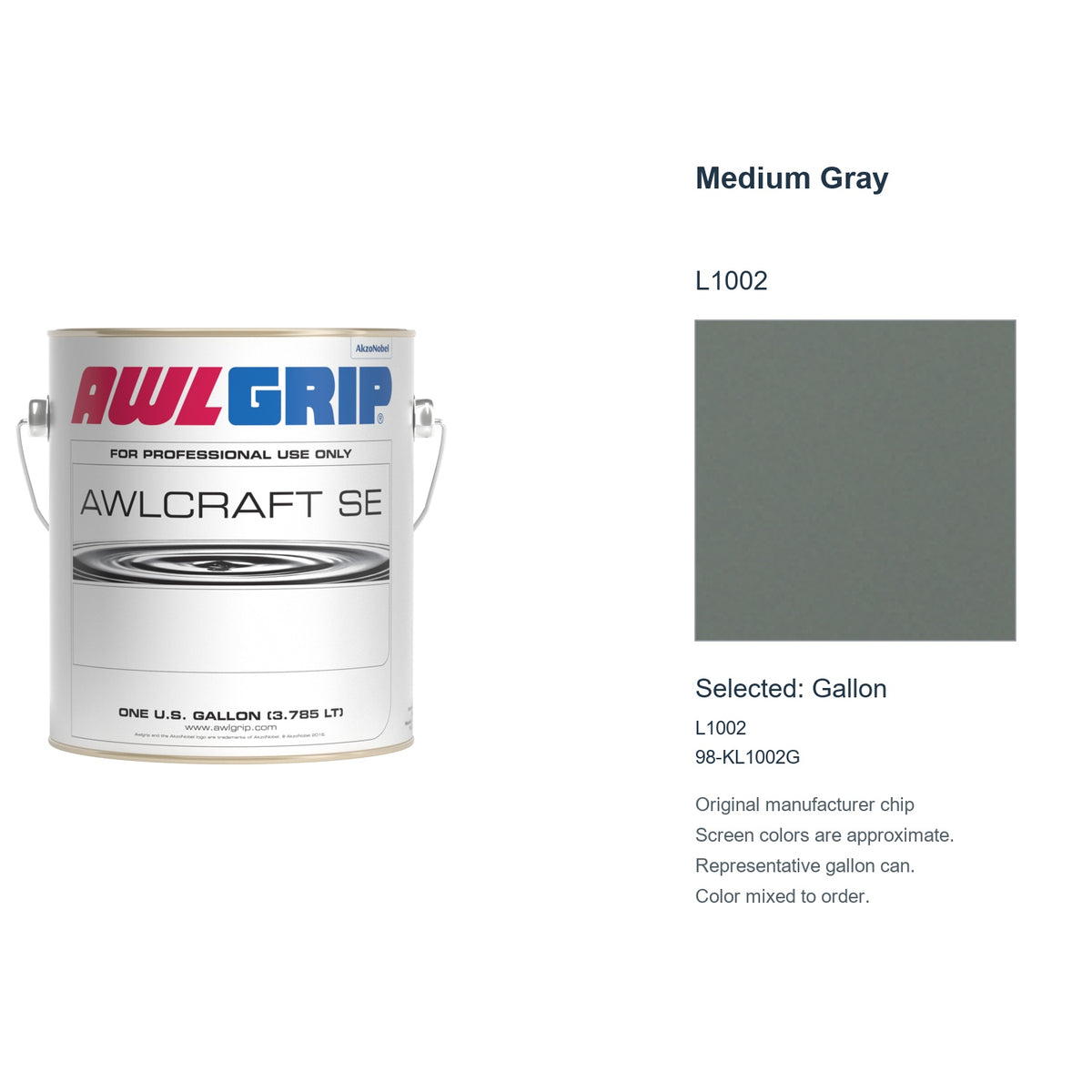 Awlgrip Awlcraft SE Medium Gray L1002, selected Gallon, L1002: original manufacturer chip with representative gallon can