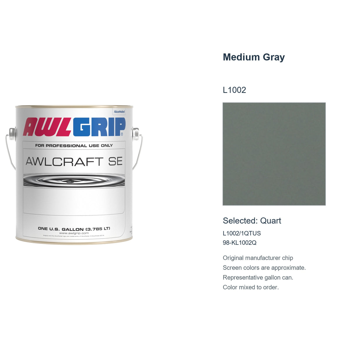 Awlgrip Awlcraft SE Medium Gray L1002, selected Quart, L1002/1QTUS: original manufacturer chip with representative gallon can
