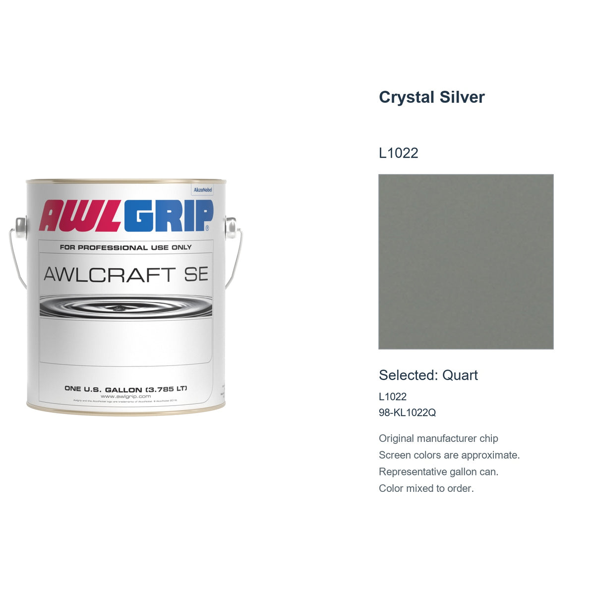 Awlgrip Awlcraft SE Crystal Silver L1022, selected Quart, L1022: original manufacturer chip with representative gallon can