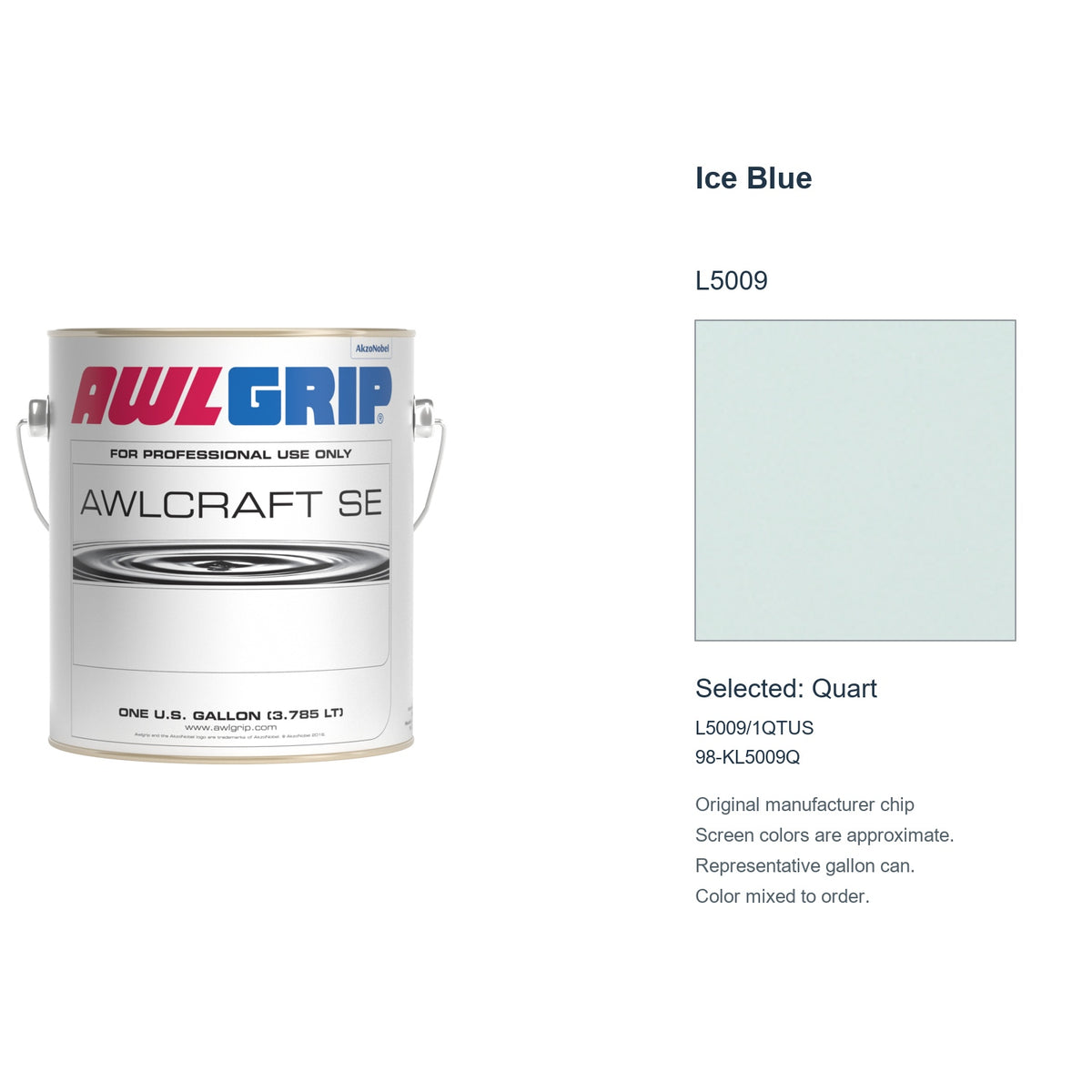 Awlgrip Awlcraft SE Ice Blue L5009, selected Quart, L5009/1QTUS: original manufacturer chip with representative gallon can