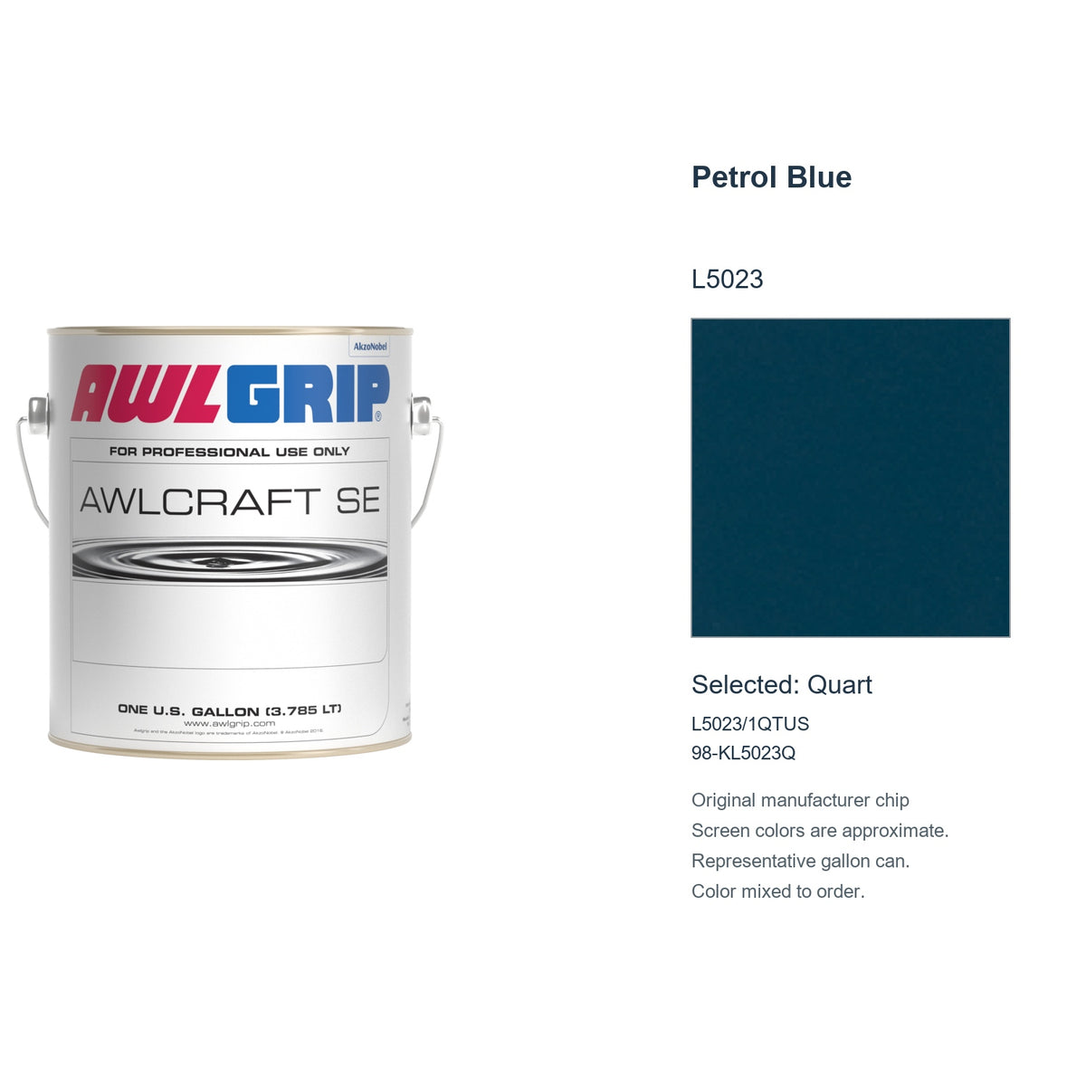 Awlgrip Awlcraft SE Petrol Blue L5023, selected Quart, L5023/1QTUS: original manufacturer chip with representative gallon can