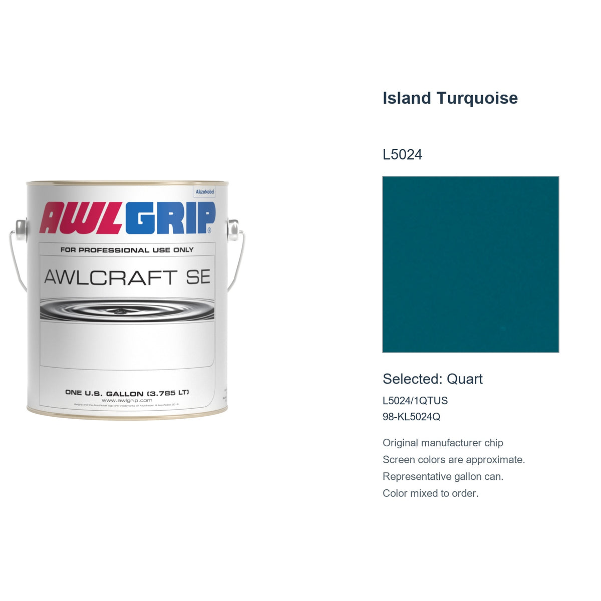 Awlgrip Awlcraft SE Island Turquoise L5024, selected Quart, L5024/1QTUS: original manufacturer chip with representative gallon can