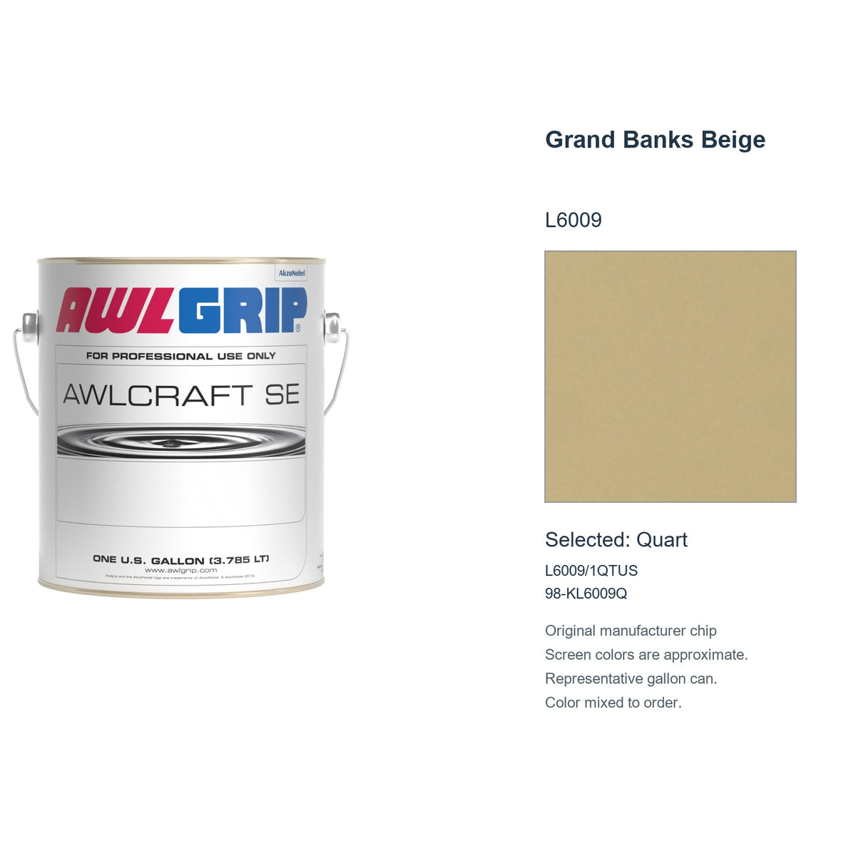 Awlgrip Awlcraft SE Grand Banks Beige L6009, selected Quart, L6009/1QTUS: original manufacturer chip with representative gallon can