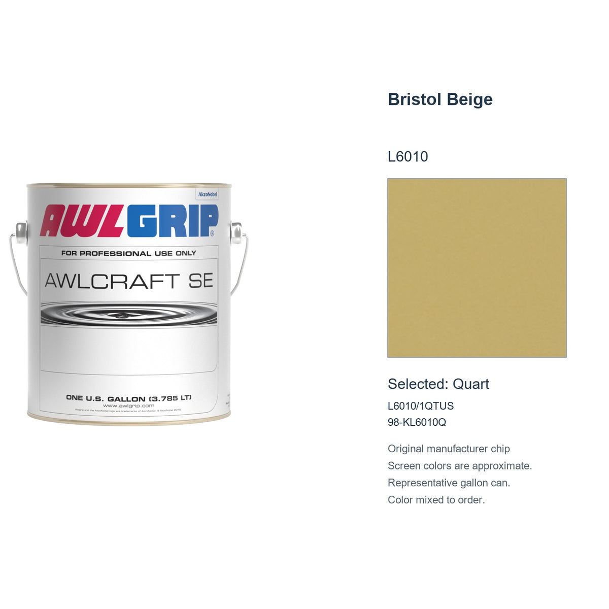 Awlgrip Awlcraft SE Bristol Beige L6010, selected Quart, L6010/1QTUS: original manufacturer chip with representative gallon can