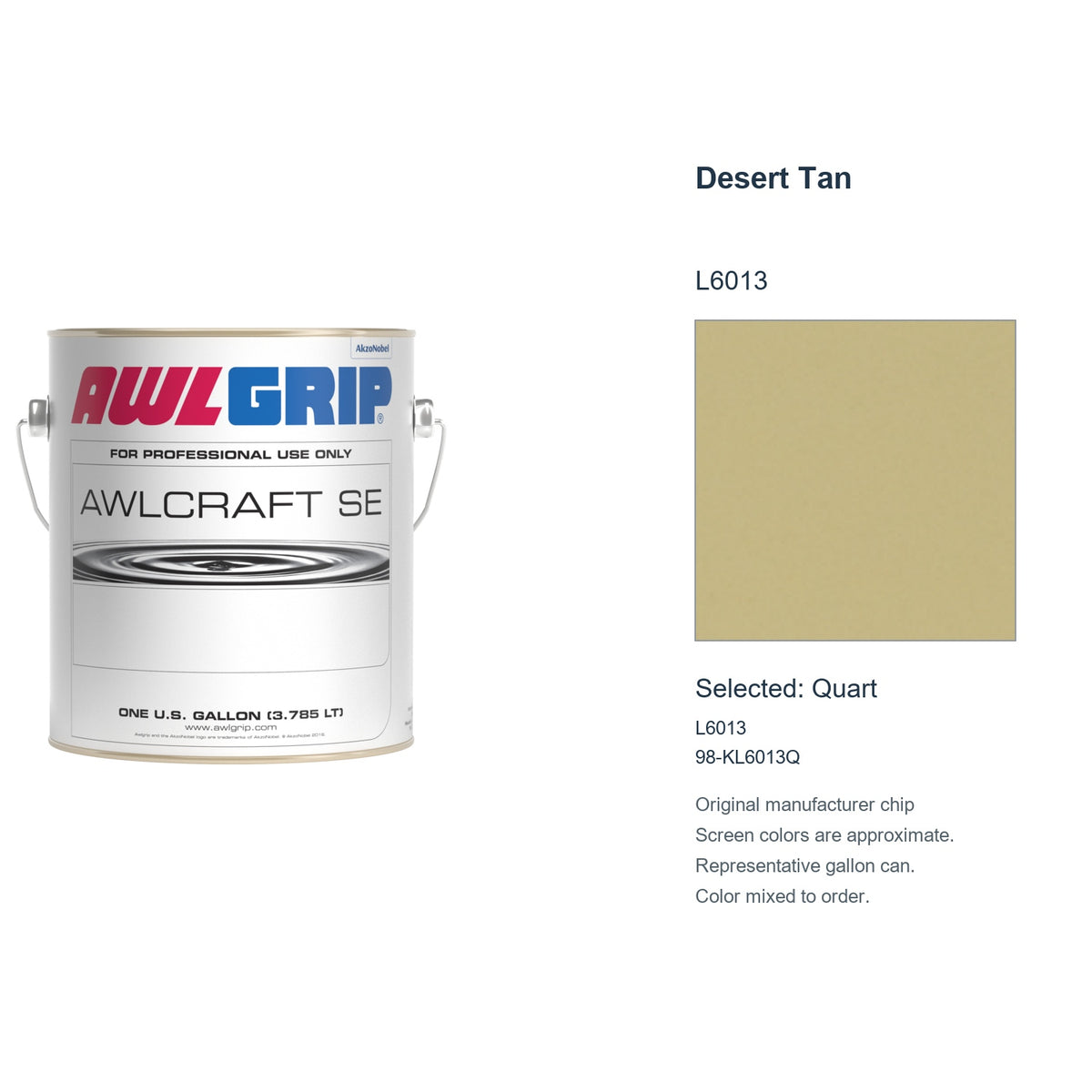 Awlgrip Awlcraft SE Desert Tan L6013, selected Quart, L6013: original manufacturer chip with representative gallon can