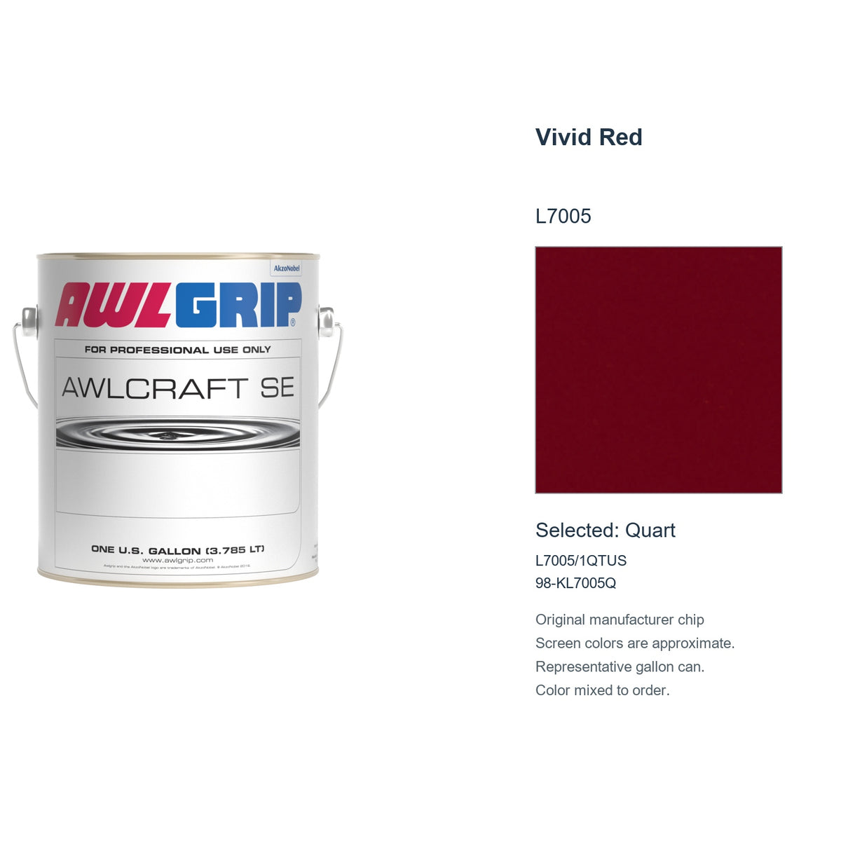 Awlgrip Awlcraft SE Vivid Red L7005, selected Quart, L7005/1QTUS: original manufacturer chip with representative gallon can